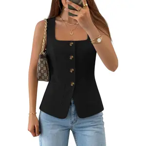 Womens Summer Sleeveless Suit Vest Tops 2026 Square Neck Button Down Vests Business Casual Work Blazer Waistcoat