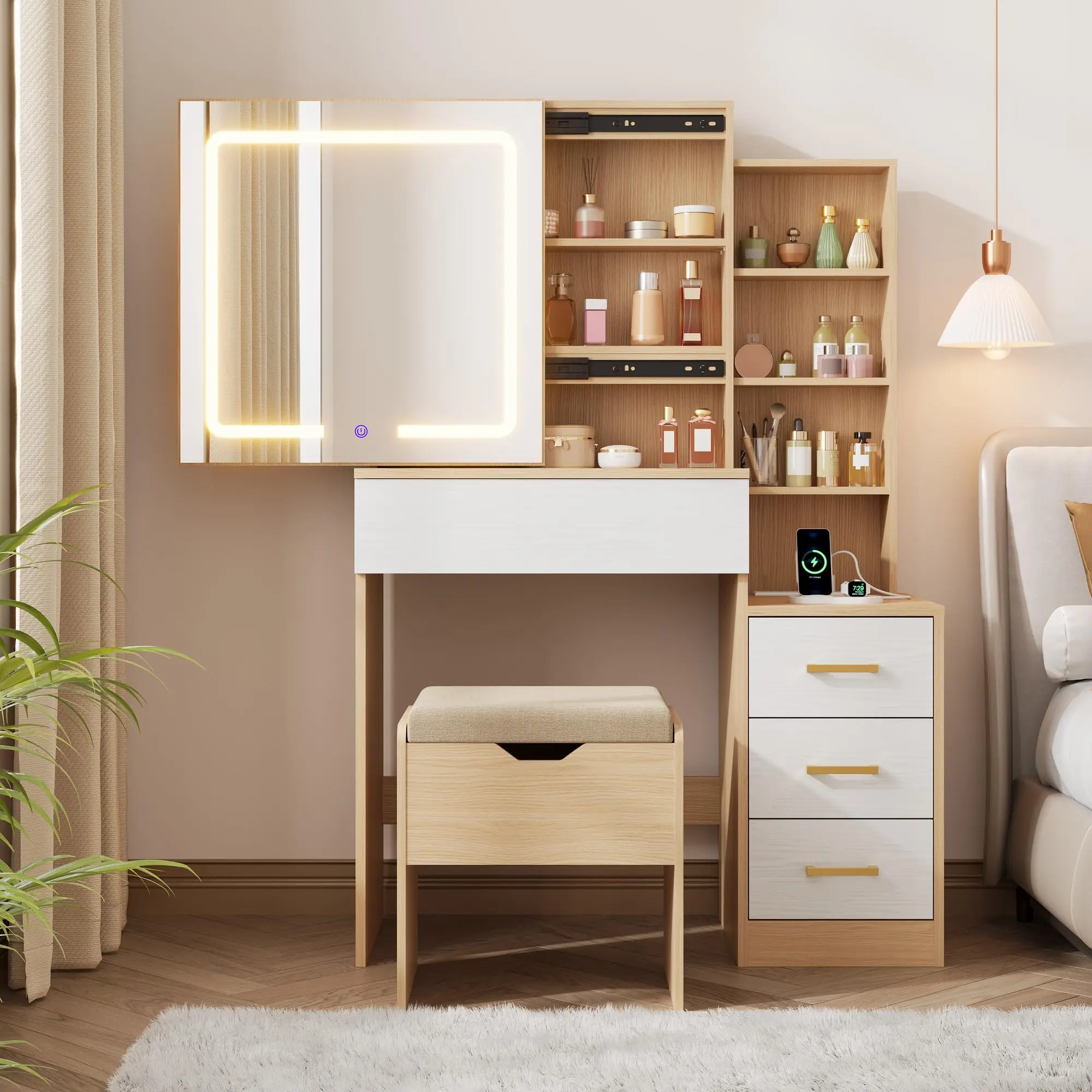 Garvee Small Makeup Vanity Desk with Mirror and Adjustable Lights, Vanity Dressing Table Featuring 3 Color Modes, Compact Vanity with Drawers, Stool, and Built-in Power Outlet in Natural Finish