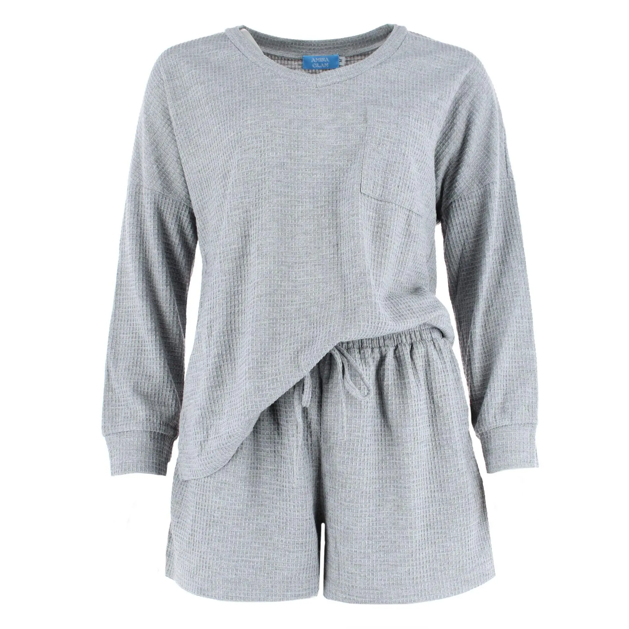 CTM Women's Waffle Knit V Neck Pajama Set, Short Pajama Sets, Matching, Adjustable, Basic, Fabric, Long Sleeve, Top