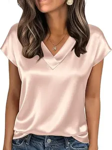 Women's Satin V-Neck Loose Casual Top Shirts, Elegant Ladies' Blouse for Everyday Wear, Stylish and Comfortable Fashion Piece