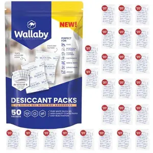 Wallaby 2 gram Silica Gel Desiccant Dehumidifier Packs (50 Packets) Food Safe Pure White - Rechargeable Moisture Absorbers