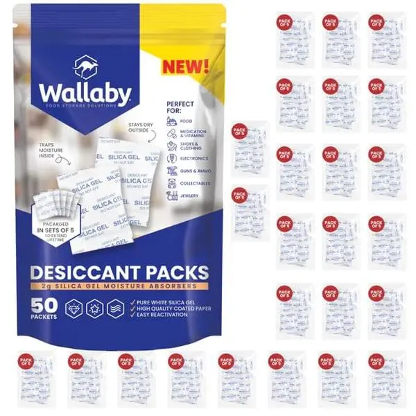 Wallaby 2 gram Silica Gel Desiccant Dehumidifier Packs (50 Packets) Food Safe Pure White - Rechargeable Moisture Absorbers