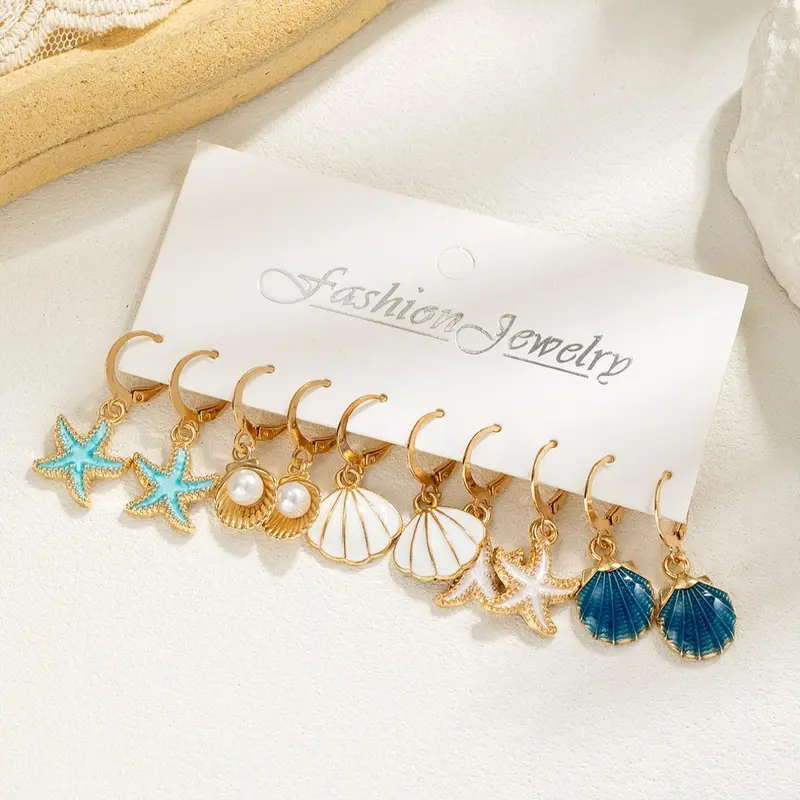 Boho Style Starfish & Shell & Faux Pearl Decor Dangling Earrings, Beachy Earrings, Bohemian Earrings, Stylish Jewelry for Party, Daily Clothing Decor, Trendy All-match & Exquisite Jewelry for Birthday Gift