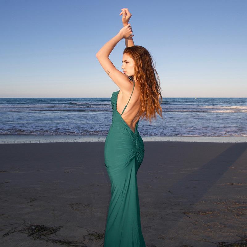 Backless Pleated Sheath Women's Leisure Vacation Long Dress