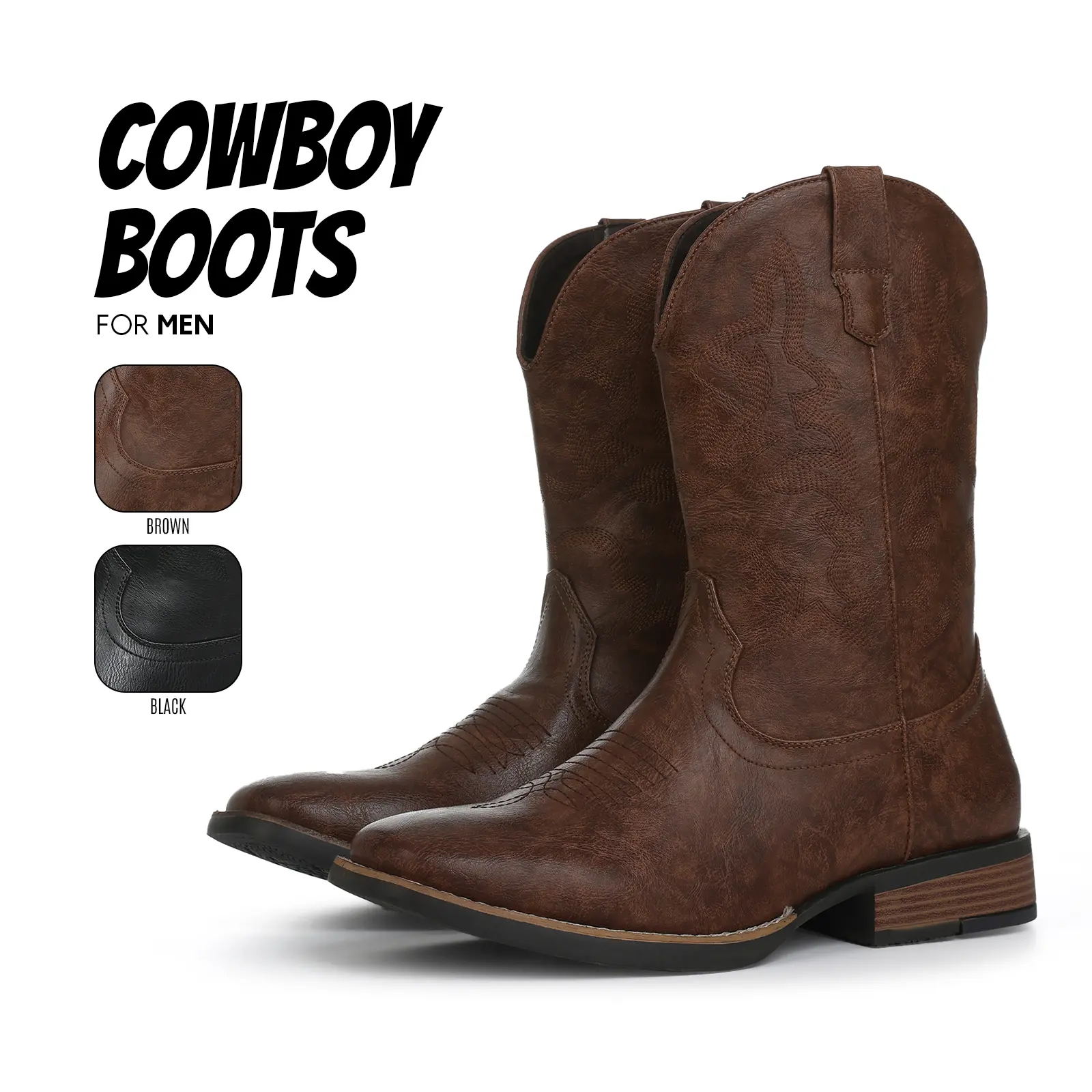 Mens Cowboy boots Mid Calf Boot Square Toe Durable Chunky Block Heel Fashion Western Vintage Embroidery Gifts Summer Short Country Boots for Work Outdoor Events Festival Party Short Boots
