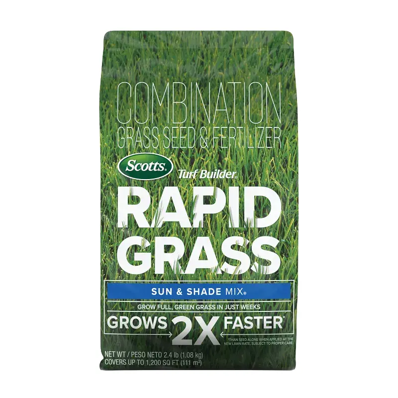Scotts Turf Builder Rapid Grass Sun & Shade Mix - Perennial Ryegrass, Kentucky Bluegrass, Chewing Fescue Seed with Fertilizer, Grows in Weeks, for Fast-Growing Lawns, Backyard BBQs, 2.4 lb, New Lawn Coverage 355 sq. ft.