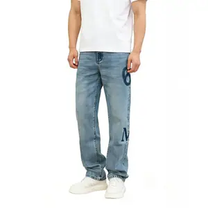 283 Men's Light Blue Distressed Wash Straight-Leg Jeans with Letter & Number Patch - Non-Stretch Suitable for Casual Attire, Casual Office, Weekend Outfits | Machine Washable Beltless Pants, Year-Round Style