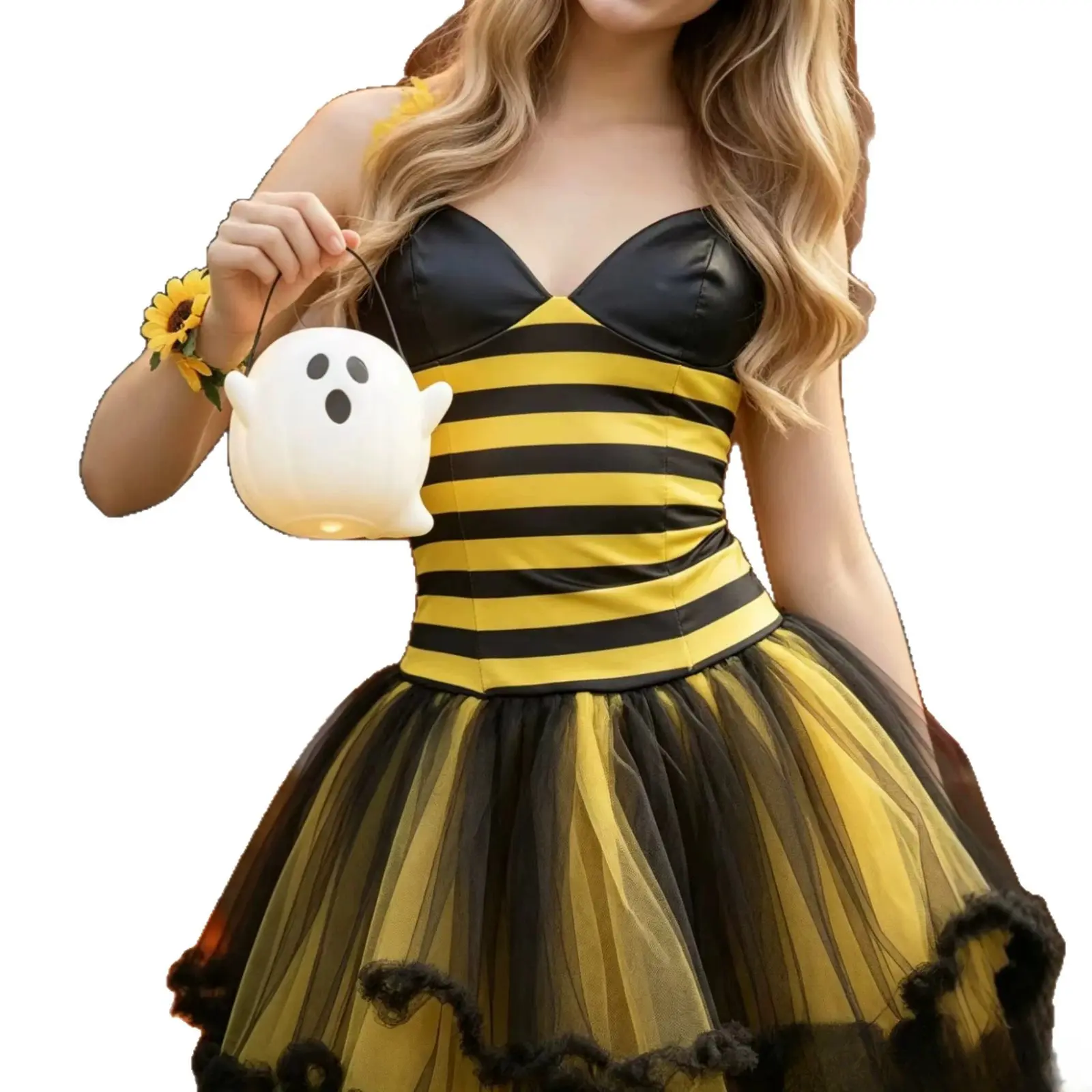 Striped Corset Tulle Tutu Bee Costume Set Minimalist Cute Playful Lightweight Stretchy Multi Size Women Adult Halloween Cosplay Party Stage Performance Outfit