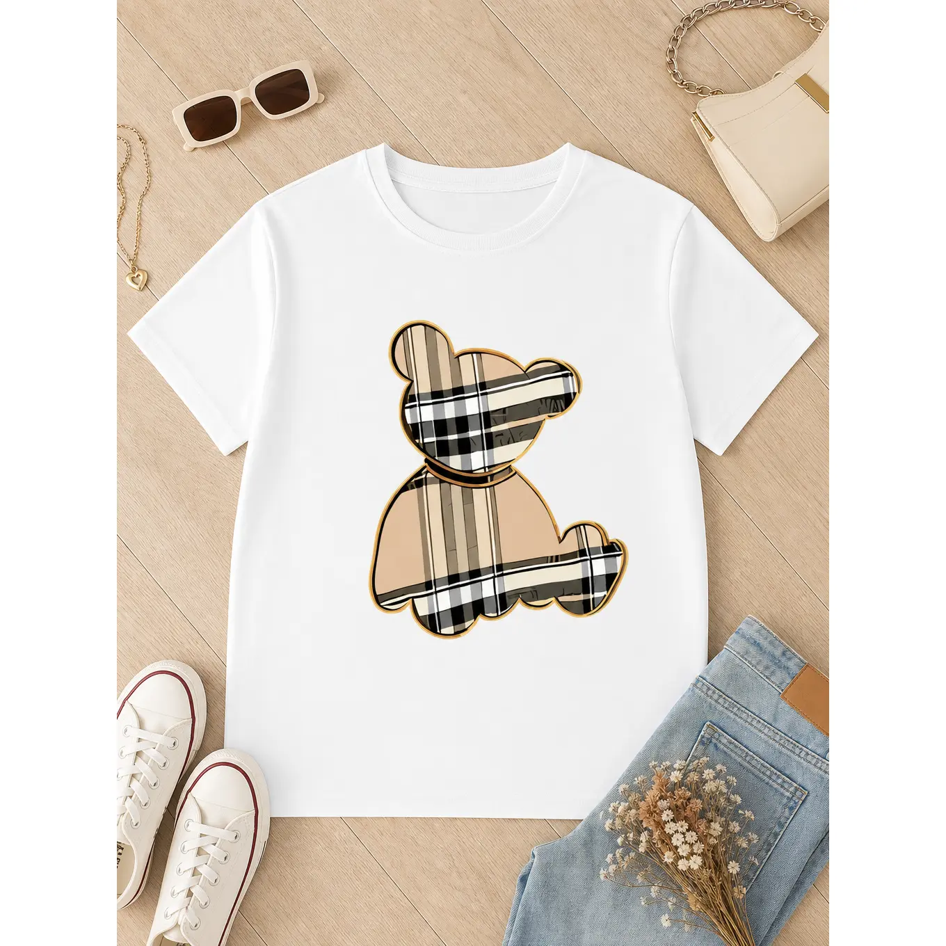 Women's Cute Plaid Teddy Bear Graphic Spandex Fabric T-Shirt - Casual Short-Sleeve Crewneck Tee, Smooth Fit, Trendy Boutique Streetwear Top, Gift for Her