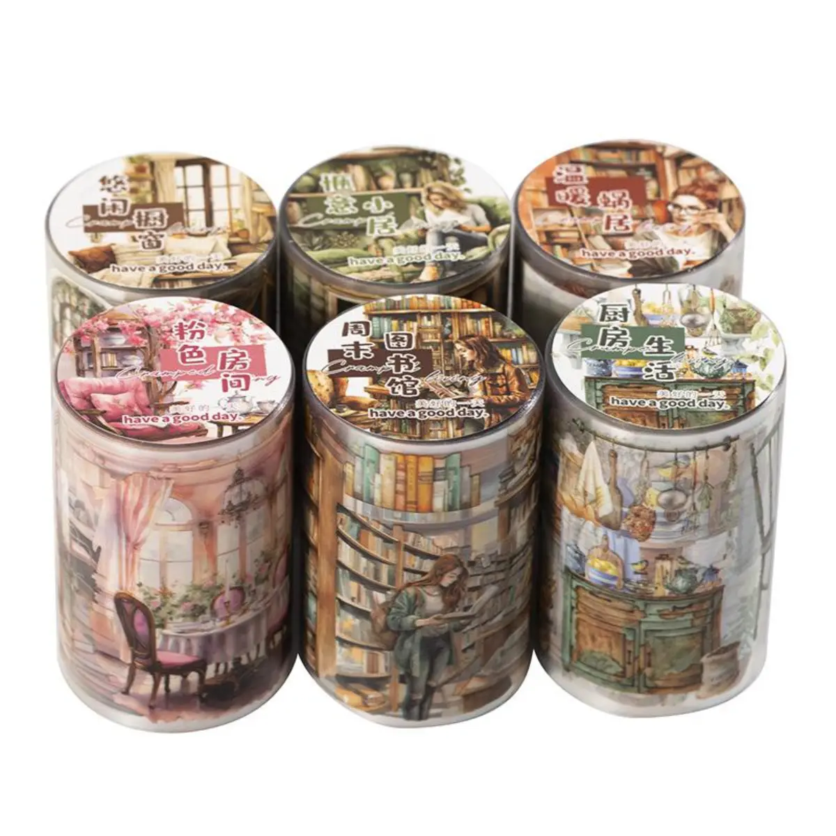 6 styles of 12m lifestyle scene landscaping tape, retro style, PET waterproof material, DIY journaling decoration base material tape, Sticker Collage Pack, Aesthetic Stickers