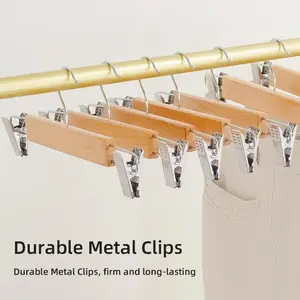 6-Piece Wooden Pants Hangers, Hanger Set, Natural Wood Style, Anti-Slip Strong Grip, Soft Rubber Clips, Universal Design for Pants & Skirts