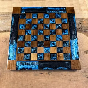 Caribbean Blue Black Onyx Walnut Chess Board (INCLUDES PIECES)