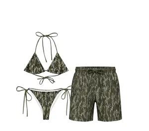 Couple Matching Camo Swimwear Set – Women's Tie Bikini & Men's Drawstring Beach Shorts