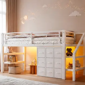 ARCH Twin Low Loft Bed Frame with Storage Stairs Fabric Drawers Shelves and Lights Metal Platform Bed with Ample Under-Bed Space for Kids Teens Bedroom Dorm White, Twin Size Options, Black/Light White Color Options, Metal Material
