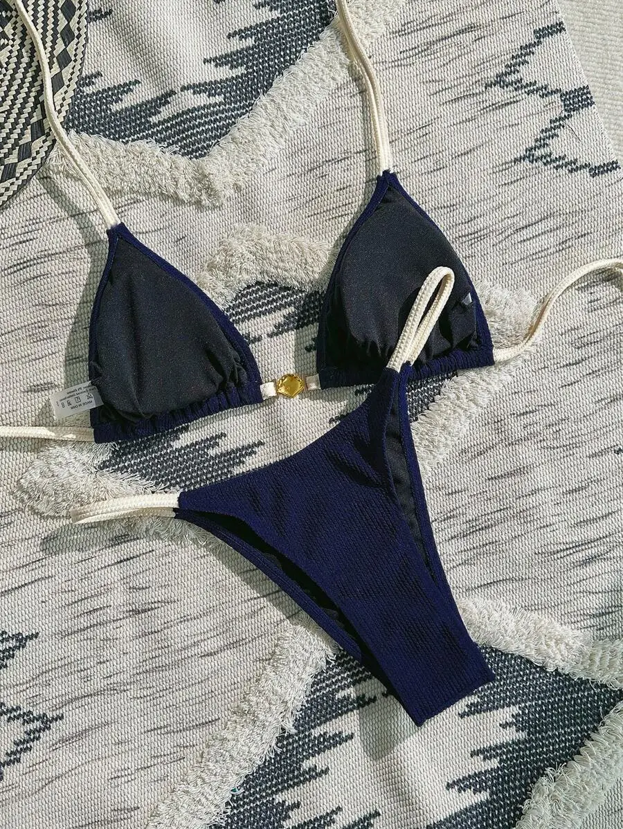 SHEIN Swim 2pcs Women Casual Summer Beach Outfit Set - Textured Color Blocking Metal Shell Embellished Sexy Triangle Cup Bikini Set, Navy Blue And White Bikini