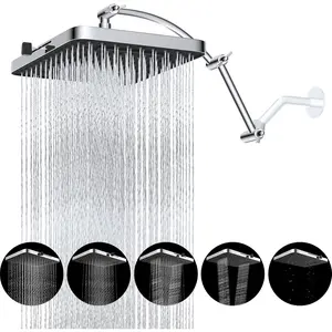 13'' High Pressure Square Rain Shower Head, 5 Spray Mode Fixed Waterfall Showerhead with 16" Adjustable Solid Brass Shower Extension Arm, Chrome