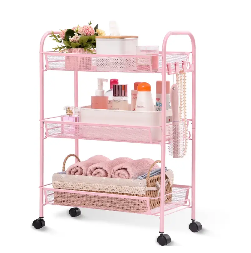 KK KINGRACK 3 Tier Rolling Cart Organizer, Mesh Cart with Wheels, Utility Cart for Office, School,Storage, Pink