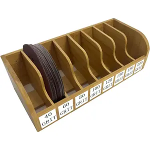 Bamboo Sandpaper Holder & Organizer - Pre-Assembled Storage for 5 Inch Sanding Discs, Sanding Blocks & Saw Blades | Compact & Durable Woodworking Tool Accessory (8 bins)