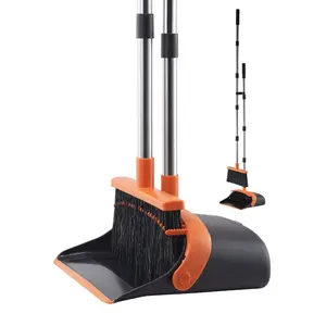 VEVOR Broom and Dustpan Set, Heavy Duty Dustpan and Broom Combo with Self-Cleaning Teeth, Metal Upright Standing Dust Pan with Long Handle, Ideal for Home, Restaurant, Office, Dorm, Black+Orange