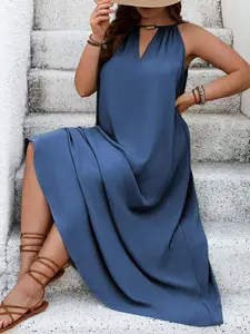FINJANI Plus Size Blue Polyester Halter Neck Tie Back Dress for Women Casual Everyday Wear Comfortable Breathable Fabric Elegant Style summer outfits