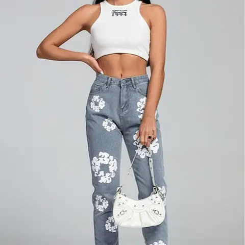 Lebellanova High-Waisted Daisy Print Straight Leg Jeans for Women - Casual Fashion Denim, Fitted 95% Polyester Stretch Fabric, Floral blue, Runs Small - Everyday Daisy Print Jeans for Daily Wear