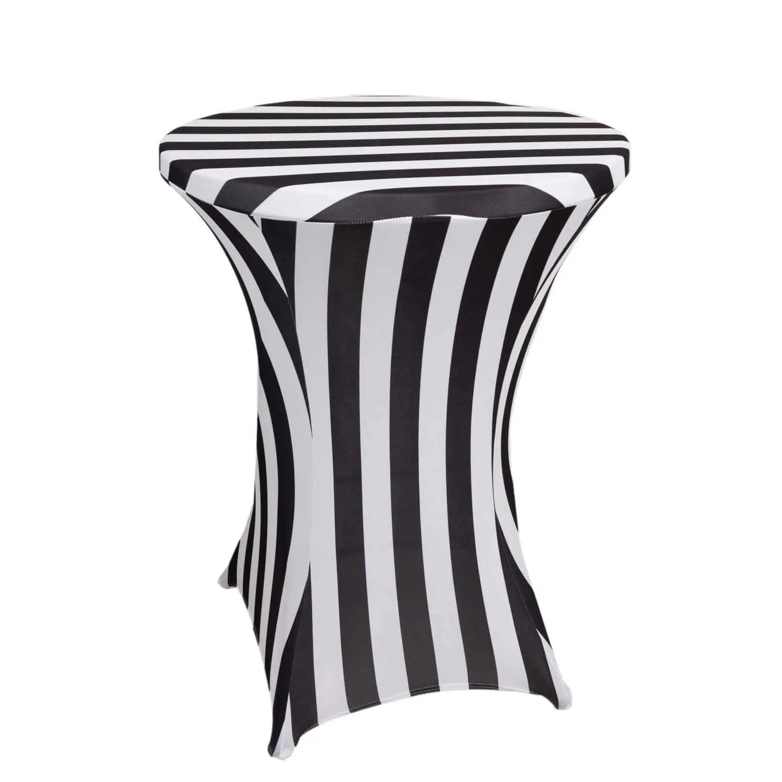 Spandex 30" Fitted Round Cocktail Table Cover, Black/White Striped, Easy-to-Maintain Stretch Tablecloth for Party Use