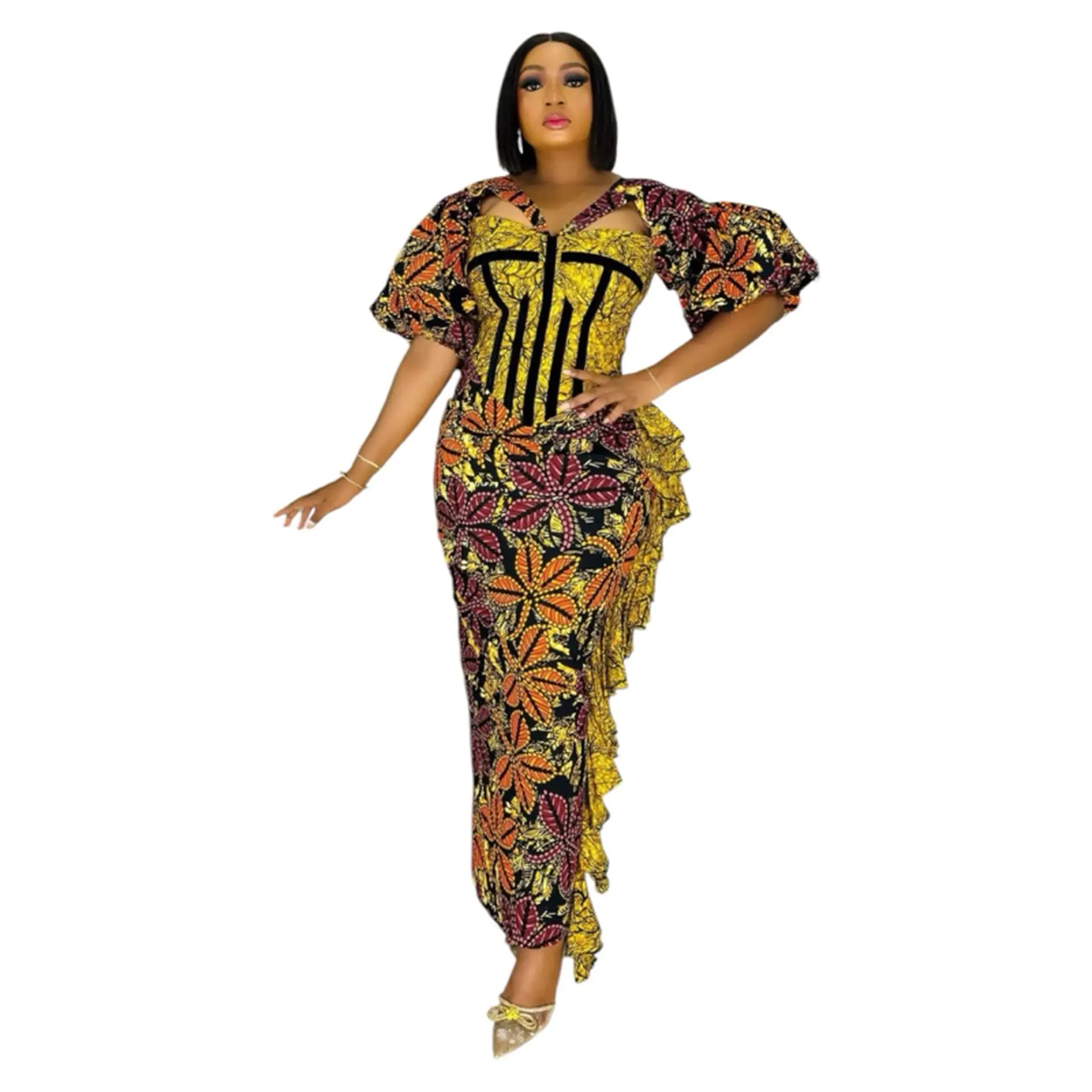 Women's Formal African Ankara Long Length Dress - V Neckline, Cup Bra, Full Lining, Sexy Flare, Vibrant Patterns, Elegant Design, Size 12, 58in, Long Length Dresses