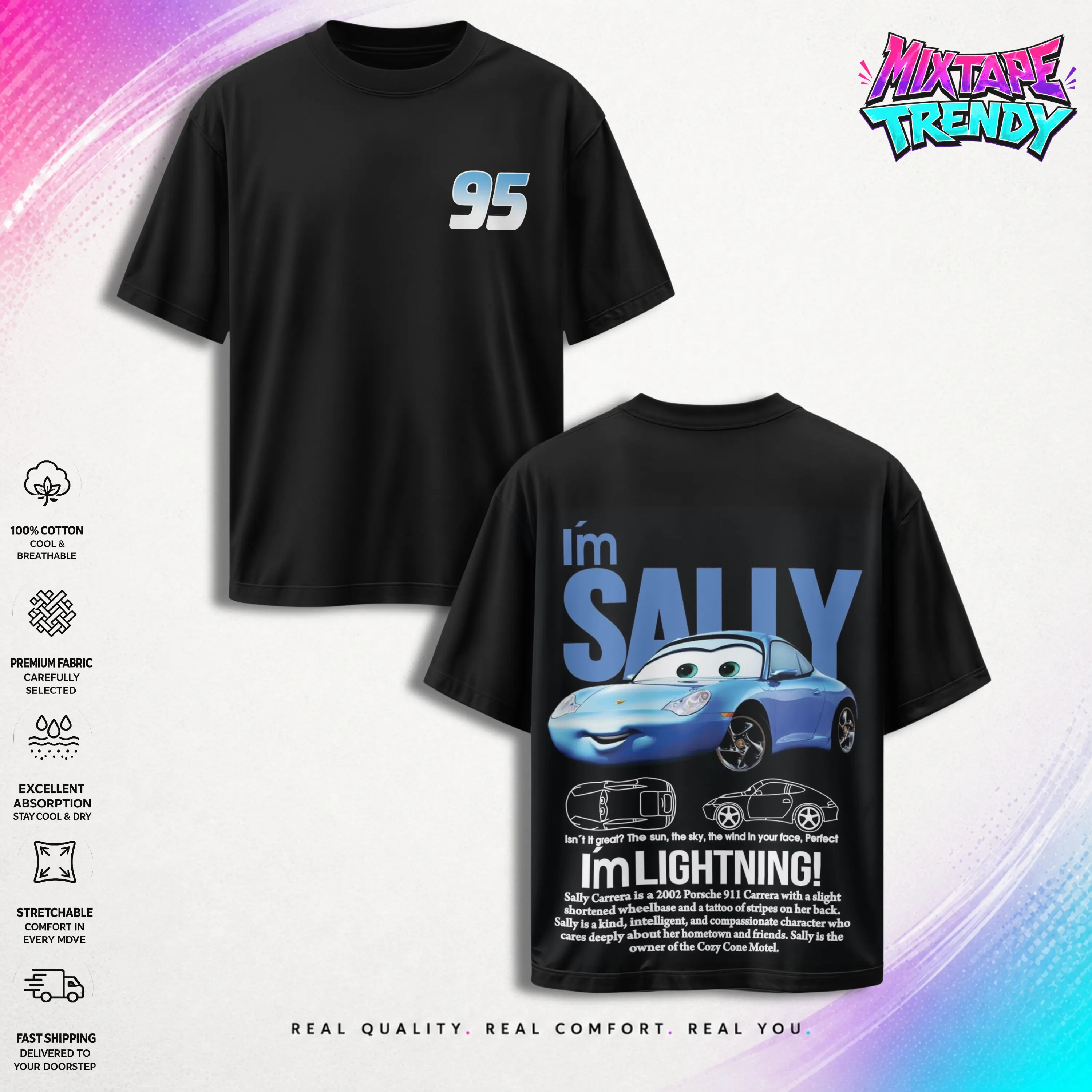 Retro Double-Sided Cars Movie Graphic T-Shirt - McQueen and Sally Loving Vintage Top Trendy Y2K Classic Unisex Streetwear Racing Style Gift for Fans