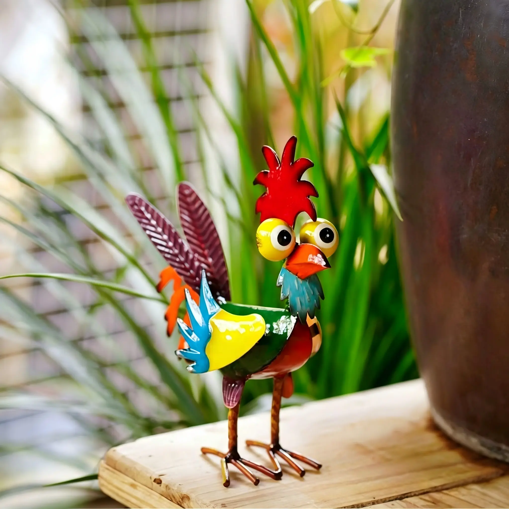 Cute Colorful Rooster Garden Statue  Charming Metal Chicken Decor for Your Yard, Patio & Home, Unique Farmhouse Animal Art Sculpture, Indoor Outdoor Tabletop Ornament