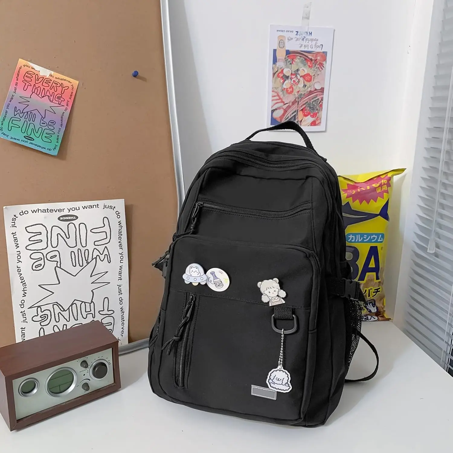 Cute Aesthetic Backpack for School Travel with Bear Pin, 15.6 Laptop, Nylon, e1a5821c-c282-46fe-b667-  main image 2