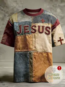 Unisex Jesus Faith Vintage Patchwork Print Loose T-Shirt, Casual Streetwear Christian Cross Design, Short Sleeve Knit Top