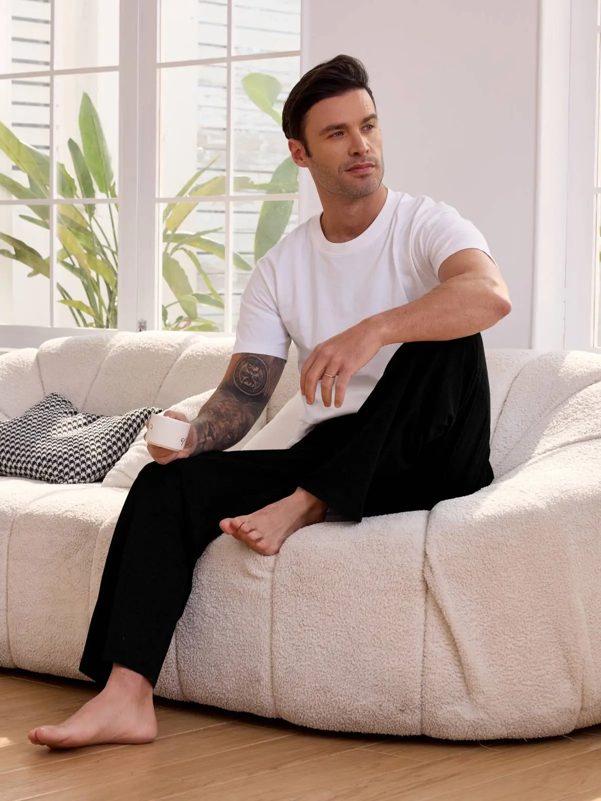 Auxo Men's Cotton Yoga Baggy Sweatpants Wide Leg Open Bottom with Pockets