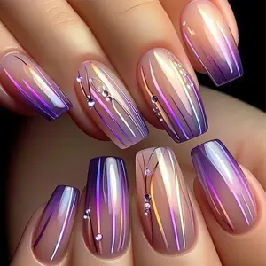 Aurora Shine Gradient Press-On Nails – Nude to Purple Ombre with Iridescent Stripes and Rhinestone Accents, Long-Lasting Reusable Square Tips, Easy to Apply, Perfect for Parties, Weddings, Festivals, and Elegant Everyday Chic Manicure Styles