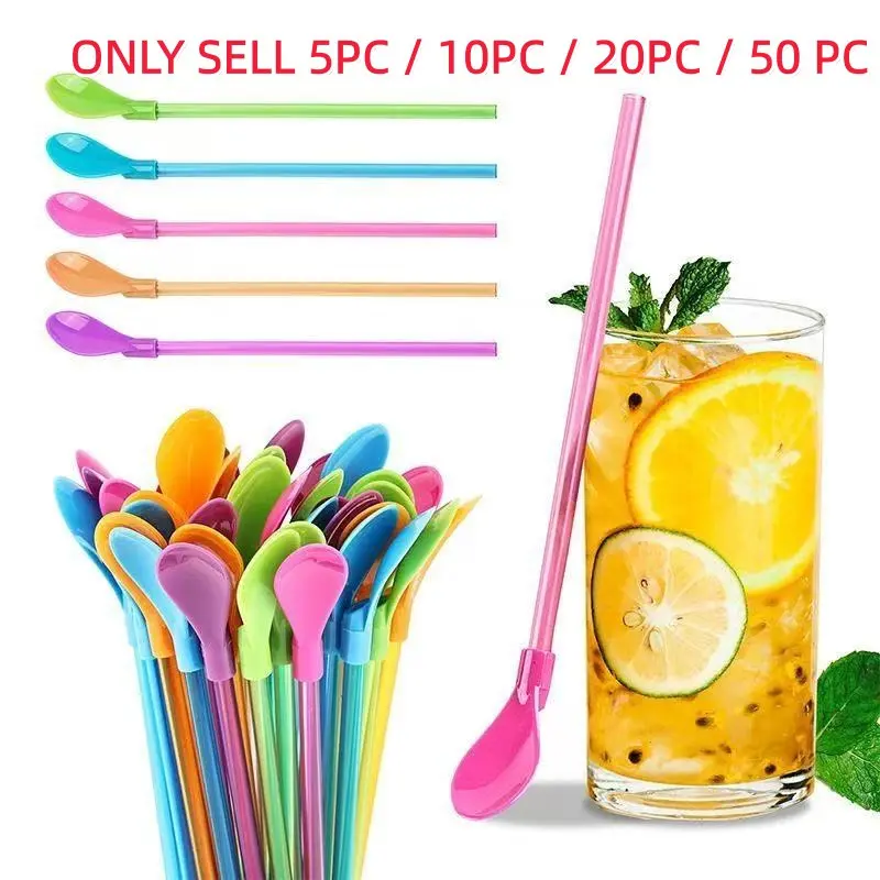 5pcs/10pcs/20pcs/50pcs Mixed Color Plastic Dual-Use Straw Spoon Set, Detachable Kitchen Utensils, Coffee Stirring Spoon, Eco-Friendly