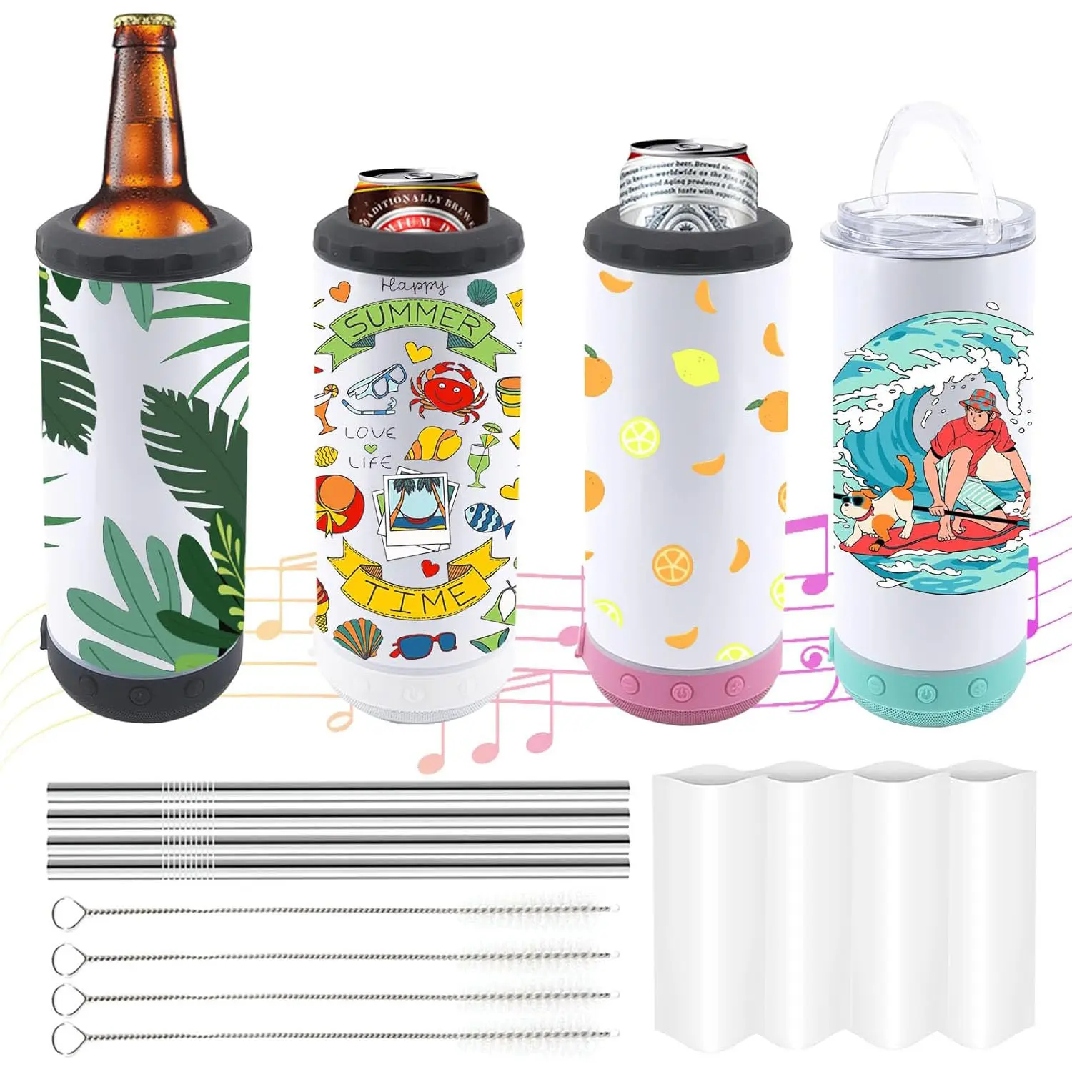 4 Pack 16oz Sublimation Bluetooth Speaker Blank Tumblers Bulk Stainless Steels Insulated 4 in 1 Can Cooler Beer Holder With Lid and Straw Mix Colors Metal Slim Coozies for Drinks
