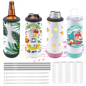 4 Pack 16oz Sublimation Bluetooth Speaker Blank Tumblers Bulk Stainless Steels Insulated 4 in 1 Can Cooler Beer Holder With Lid and Straw Mix Colors Metal Slim Coozies for Drinks