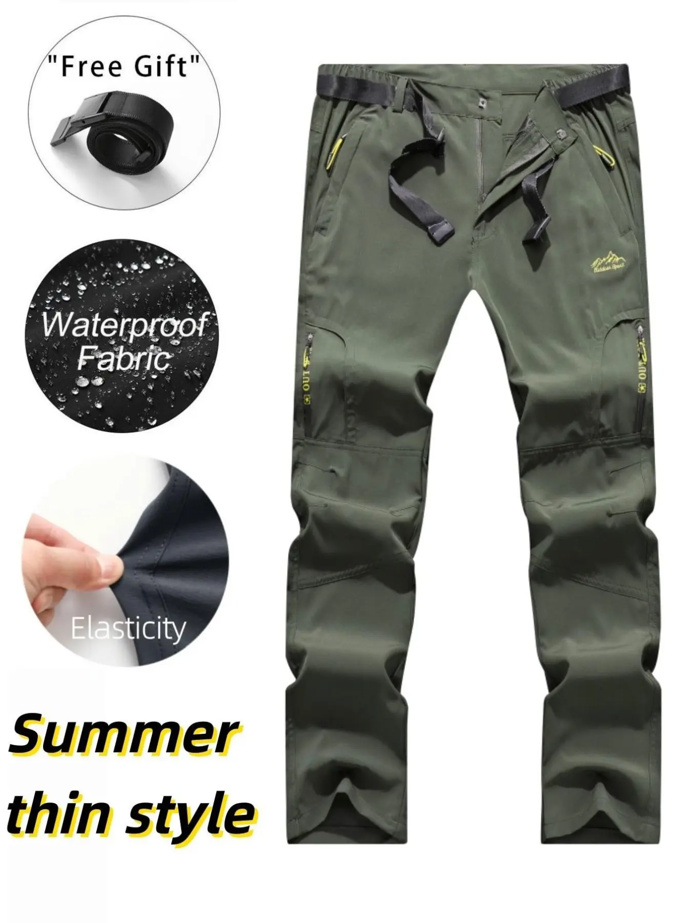 Men's Summer Lightweight Outdoor Tactical Pants, Windproof Waterproof, Multiple Zip Pockets, Waist Belt, Hiking Skiing Cycling Fishing, Trouser, Menswear