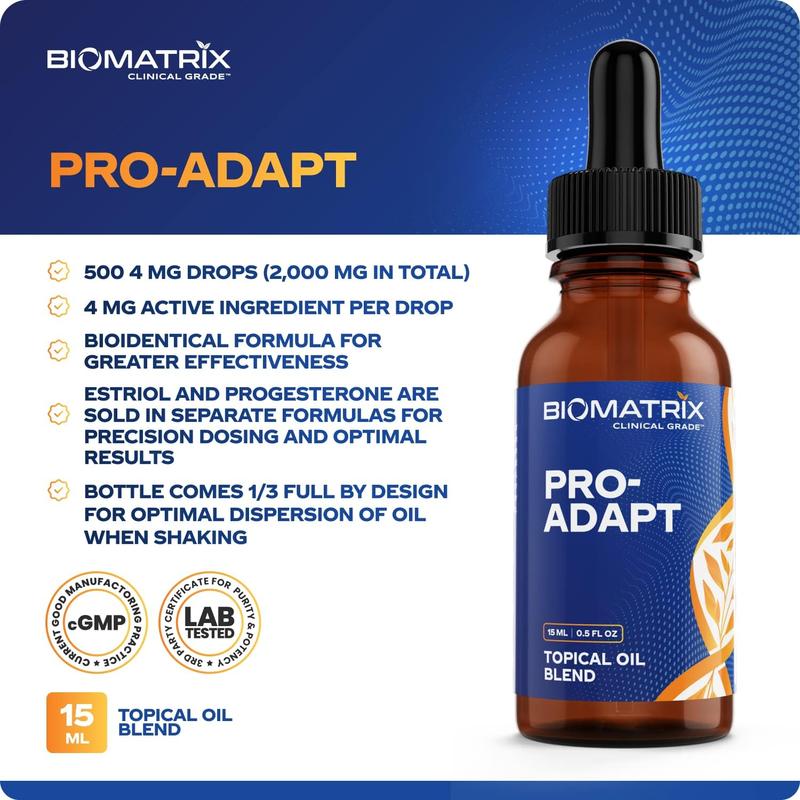 BioMatrix Pro-Adapt (4 mg per Drop, 500 Drops) Progesterone in Oil, Superior to Progesterone Cream, 50% More Product, Micronized, with Vitamin E