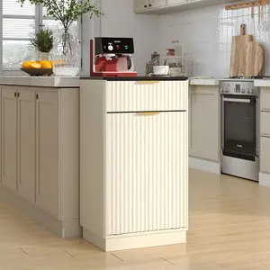 10-Gallon Woodgrain Tilt-Out Trash Can Cabinet with Wave-Textured Hideaway Drawer & Pull-Out Bin Multipurpose Kitchen Bath Organizer in Antique White Finish