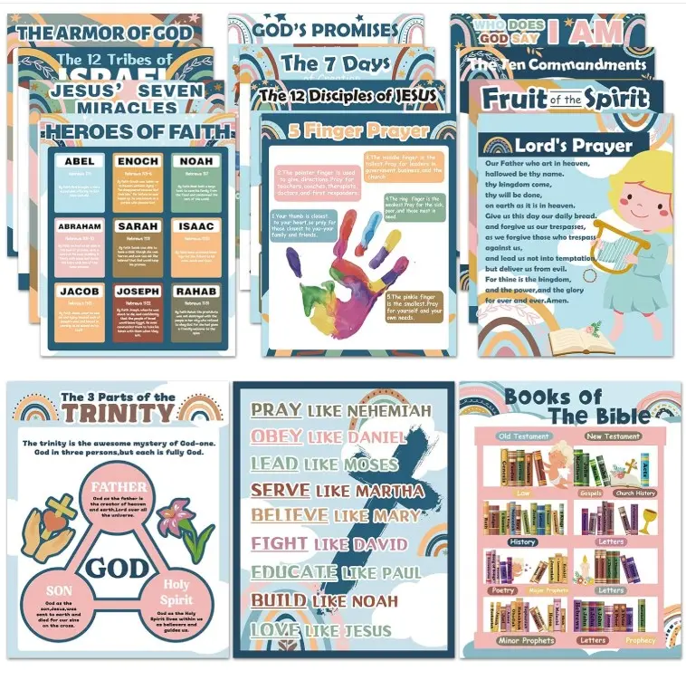 Boho Bible Posters for Classroom Religious Posters 14 x 11 in Rainbow Books of The Bible Bulletin Board Ten Commandments Poster Christian Wall Decor for Sunday School VBS Decorations Supplies