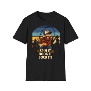 Spin It Hook It Sock It Funny Spinning Fishing Humor Anglers T-Shirt Casual Crew Neck, Short Sleeve T-Shirt