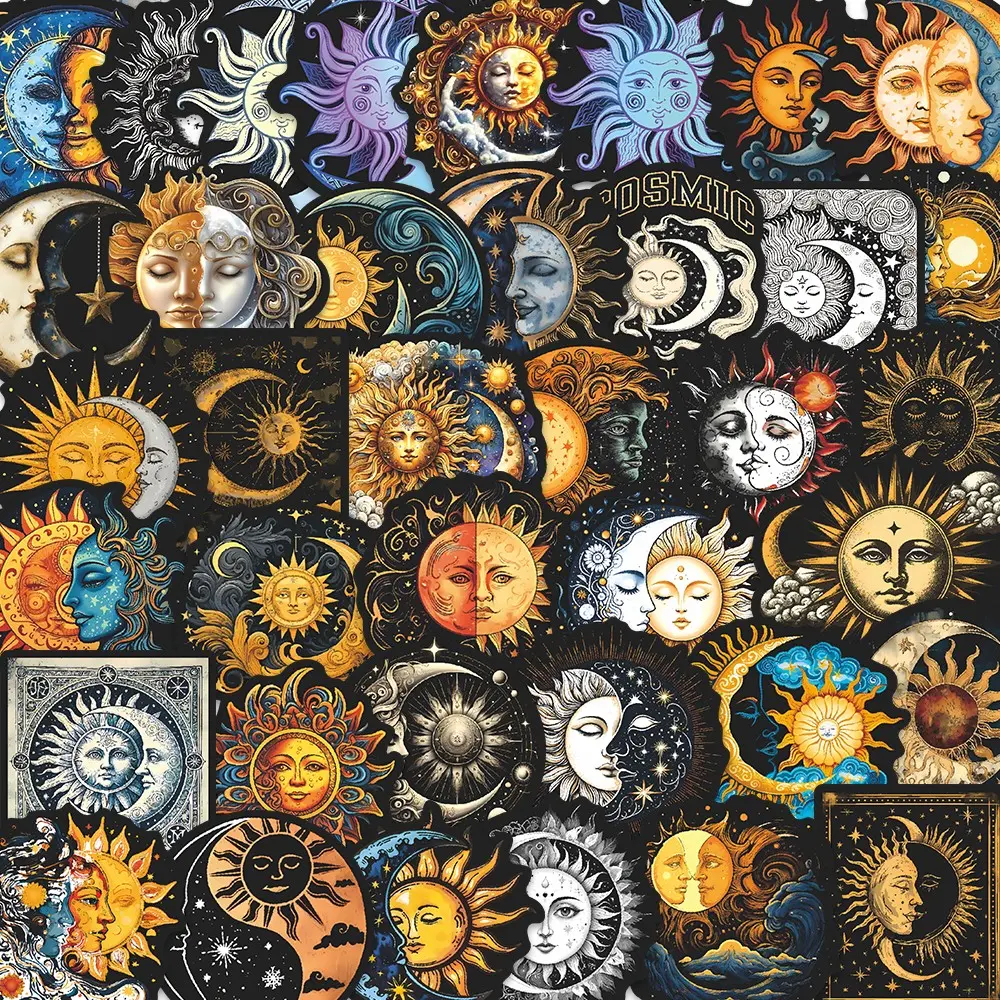54Pcs Celestial Sun Moon Stickers Pack, Sticker Sheet, Art Stickers, Waterproof Mystical Boho & Psychedelic Cosmic Vinyl Decals for Laptop, Water Bottle, Journal, Scrapbook & Scrapbooking, Astrology Gift