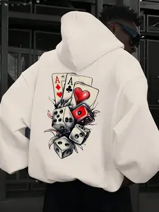 Men's Fall Winter Hooded Sweatshirt, Poker Dice Graphic Print, Warm Casual Loose Fit Pullover, Gift for Card Game Lovers