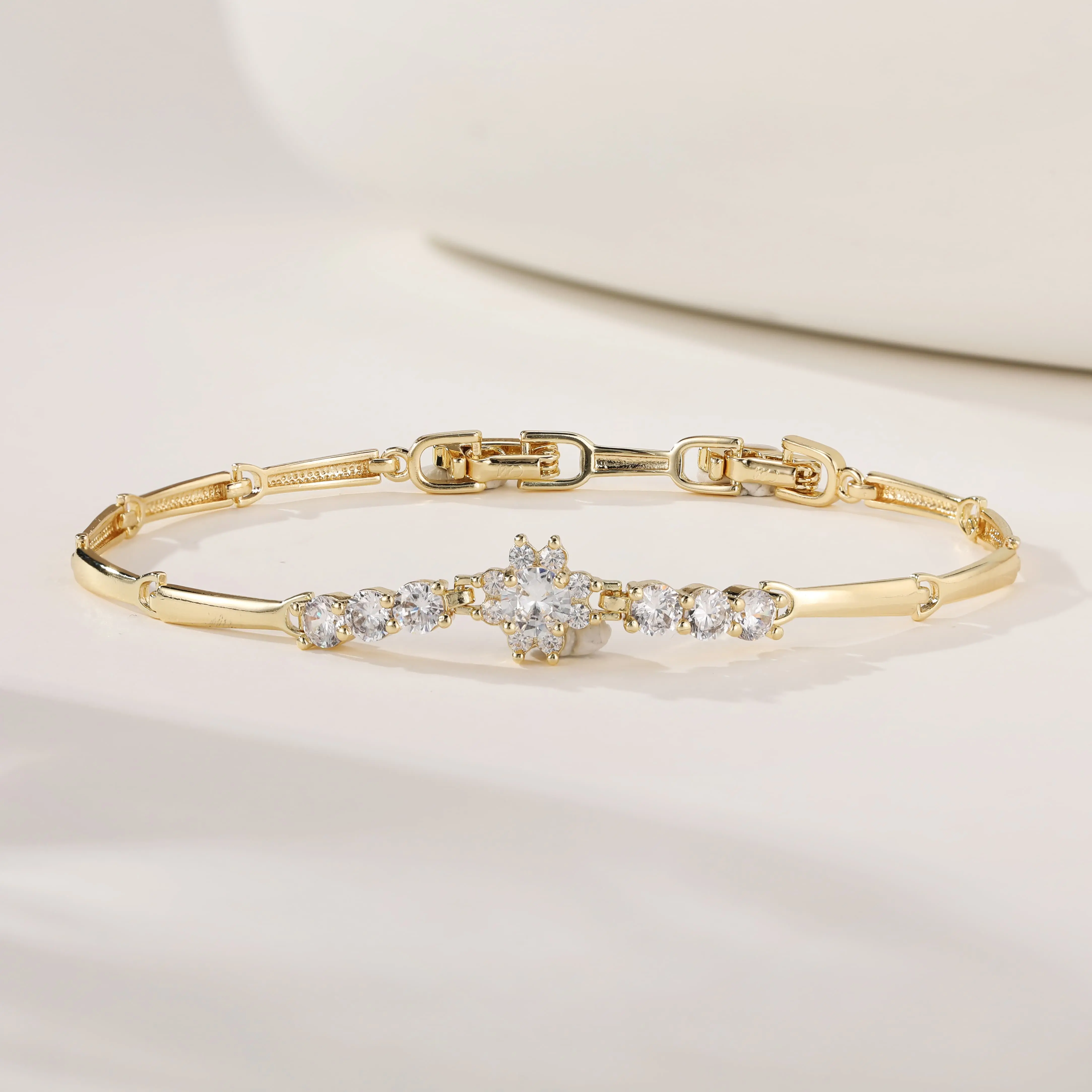 Dainty Gold Starburst Crystal Bangle, Sparkling Zircon Bracelet for Women Wedding Party Daily Jewelry