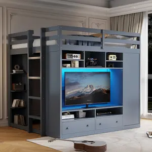 Full Size Loft Bed with Storage Drawers, Shelves and Light, Solid Wood Loft Bed Frame for Teens Adults