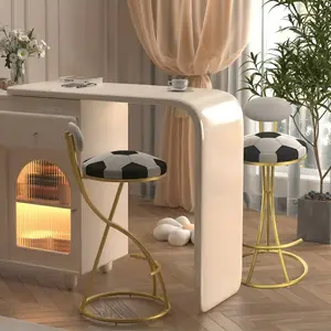 Set of 2 Football Print Bar Stools Velvet Upholstered Counter Height Swivel Chairs S-Shaped Metal Kitchen Island Seating for Home Pub Bar Gold Frame Creamy White Back