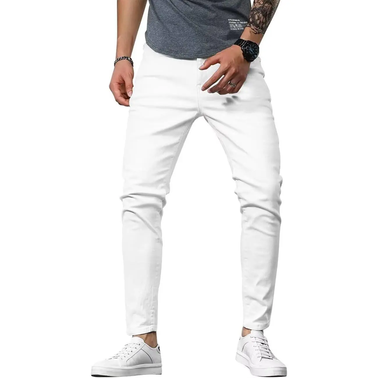 HUNGSON Men's Slim-Fit Elastized Denim Jeans - Cotton, Stretch Fabric, Plain Pockets Design, Comfy Streetwear Trousers, Elastized Men's Jeans Pants Elastic Menswear Basic Stylish White jeans for men sohochic