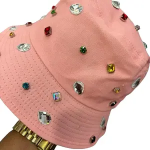 Free Art Diamond Bucket Hat - Pink Cap with Colorful Gemstones Decorations