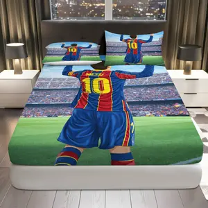 3Pcs Soccer Stadium Player Fitted Sheet Three Piece Set (1*Fitted Sheet+2*Pillowcases, Coreless), Sports theme, Fan Bedding Set, Mattress protector Soft, Breathable