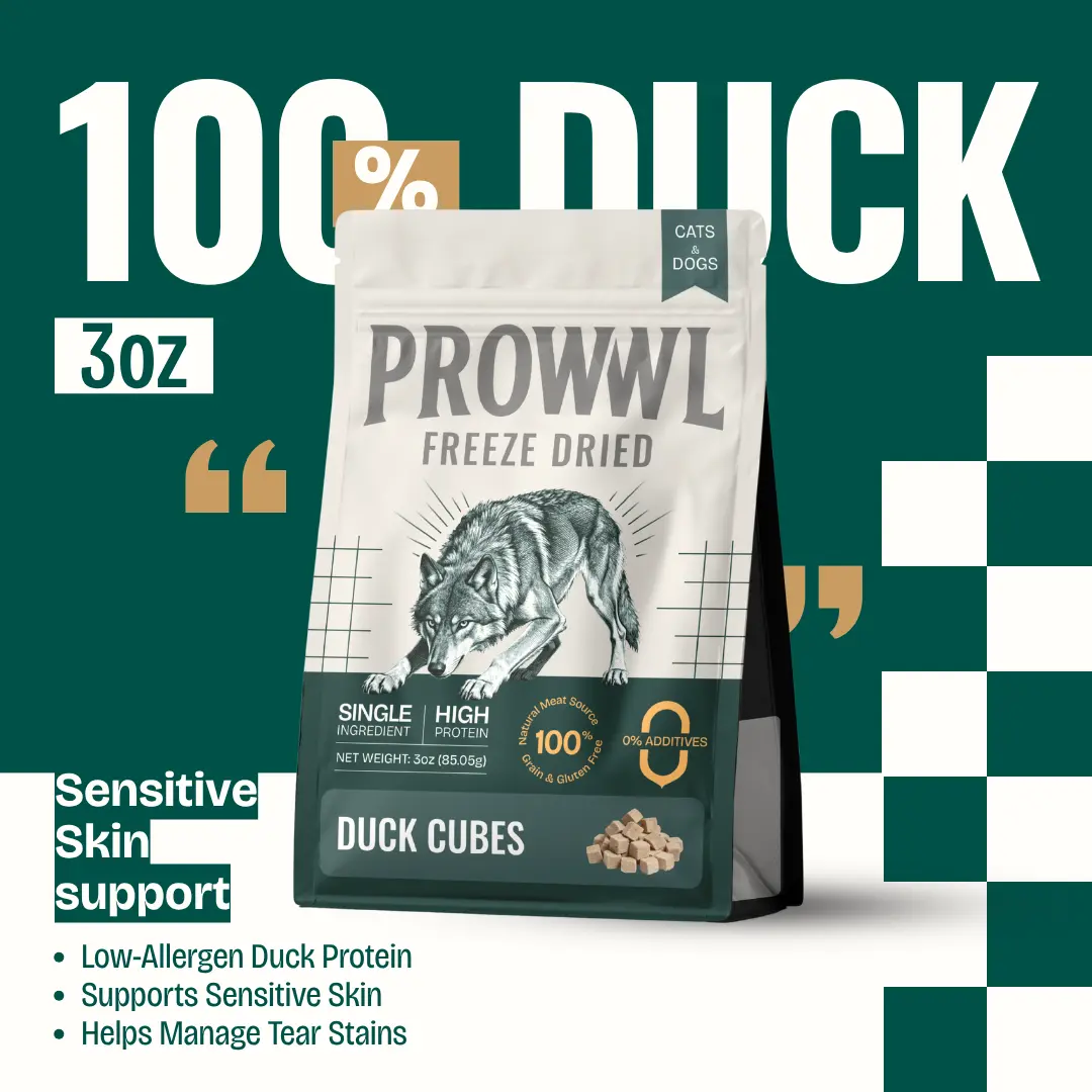Prowwl Freeze-Dried Duck Cubes - 100% Natural Meat, High Protein, Grain-Free, Gluten-Free, Supports Sensitive Skin & Tear Stains